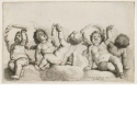 Drei Cherubim und zwei Knaben auf Wolken, je ein Arm empor streckend, Blatt 8 der Folge "Paedopaegnion"