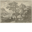 Flusstal mit Lärchenbaum und zwei ruinösen Burgen auf einem Hügel rechts