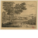 Fünf Figuren mit Hund vor Flusslandschaft, Blatt 4 der Folge "Verschiedene Landschaften"