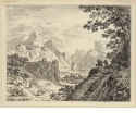 Reisende auf einem Landweg in felsiger Flusslandschaft mit Burgen, Blatt 1 der Folge "Verschiedene Ansichten des Rheins"