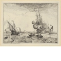 Eine Barke und mehrere Seegelschiffe auf stürmischer See vor Amsterdam, Blatt 4 der Folge "Seestücke mit Ansichten des Ij, Amsterdam, Rotterdam und Katwijk" (Hollstein Nr. 1-10)