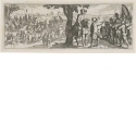 Mann mit Federhut vor Kanonen ziehenden Ochsengespannen und Schlacht