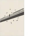 Ohne Titel [Brücke mit Spaziergänger und Vögeln], Blatt 34 der Folge "Museum Baviera"