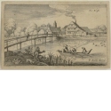 Kleine und lange Holzbrücke auf der linken Seite, rechts ein Fischer in einem Ruderboot, Blatt 1 aus der Folge "Landschaften im Elsass und im Oberrheintal"
