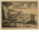 Beladenes Frachtboot in felsiger Flusslandschaft mit Stadt im Hintergrund, Blatt 5 der Folge "Verschiedene Landschaften"