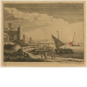 Boote in einer Bucht vor Stadttor mit Turm, Blatt 1 der Folge "Verschiedene Landschaften"