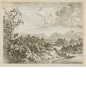 Reisende an einer Uferlandschaft mit Ruderbooten, Blatt 2 der Folge "Verschiedene Ansichten des Rheins"
