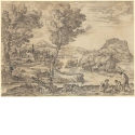 Bukolische Landschaft mit einem stehenden und zwei sitzenden Männern