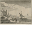 Boote in einer Bucht vor Stadttor mit Turm