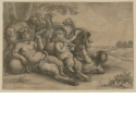 Zwei junge Satyrn auf Hörnern blasend mit einem Jungen, einer Ziege und drei Schafen