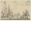 Vier Segelschiffe neben einem Wellenbrecher