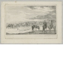 Kolonne von Pferdegespannen durch den Wald, vorne rechts zwei Reiter