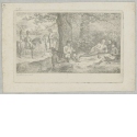 Ruhende Gruppe beim Essen unter den Bäumen und drei Reiter an der Tuchfalle[?]