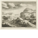 Fünf Figuren auf Landweg, im Hintergrund eine Stadt auf den Klippen