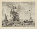 Dreimaster mit aufgeblähten Segeln und zwei kleinere Schiffe vor Rotterdam, Blatt 5 der Folge "Seestücke mit Ansichten des Ij, Amsterdam, Rotterdam und Katwijk" (Hollstein Nr. 1-10)