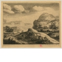 Fünf Figuren auf Landweg, im Hintergrund eine Stadt auf den Klippen, Blatt 6 der Folge "Verschiedene Landschaften"