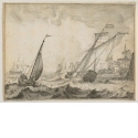 Segelschiffe auf stürmischer See, Blatt 6 der Folge "Seestücke mit Ansichten des IJ, Amsterdam, Rotterdam und Katwijk" (Hollstein Nr. 1-10)