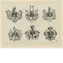 Sechs Wappenschilde mit Helmzier, Blatt 6 der Folge "Verschiedene Wappen"