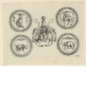 Vier Wappen umgeben von Lorbeerkränzen, dazwischen Doppelwappen, Blatt 10 der Folge "Verschiedene Wappen"